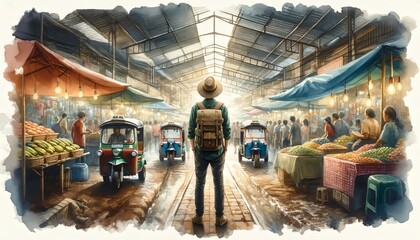 Fototapeta premium This is a detailed and atmospheric watercolor painting depicting a bustling market scene.