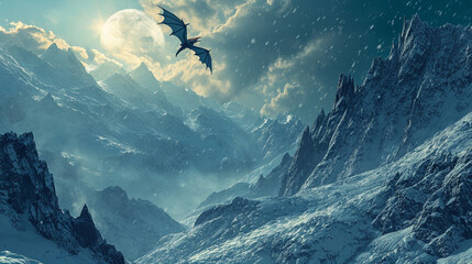 Dragon soaring over snowy mountains under light of full moon, AI Generated - obrazy, fototapety, plakaty