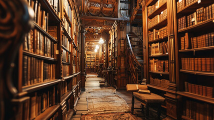 Labyrinth-type library with endless rows of antiquated books and hidden nooks, AI Generated - obrazy, fototapety, plakaty
