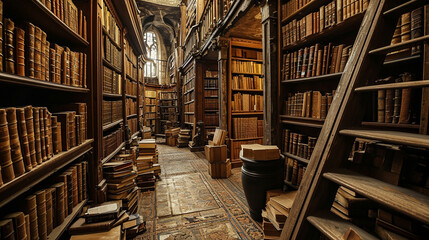 Labyrinth-type library with endless rows of antiquated books and hidden nooks, AI Generated - obrazy, fototapety, plakaty