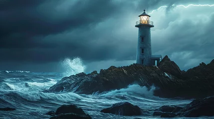 Tuinposter Lonely lighthouse guiding ships on stormy night, AI Generated © Shining Pro