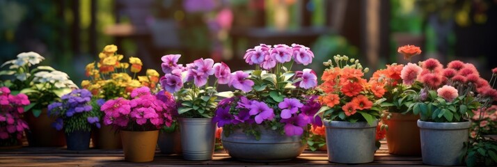Fototapeta na wymiar Beautiful colorful variety of spring and summer flowers in pots on the patio, banner