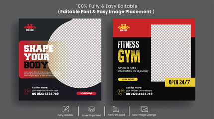 Gym social media post banner or Instagram banner ad  or square flyer vector template design