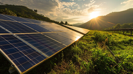 Solar farm representing renewable energy industry, AI Generated - obrazy, fototapety, plakaty