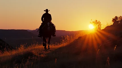 Zelfklevend Fotobehang Silhouette of cowboy riding off towards horizon at sundown, AI Generated © Shining Pro