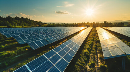 Solar farm representing renewable energy industry, AI Generated - obrazy, fototapety, plakaty