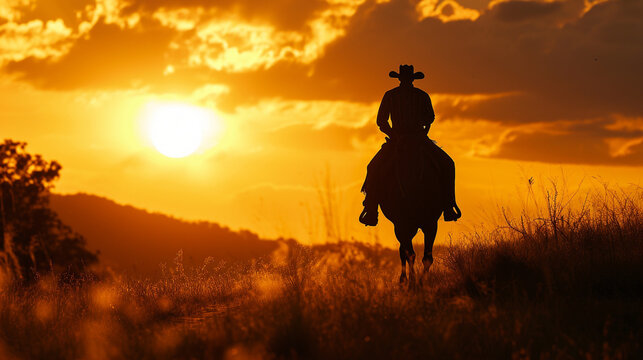 Silhouette of cowboy riding off towards horizon at sundown, AI Generated