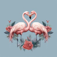 Beautiful pink flamingo birds making love heart shape picture