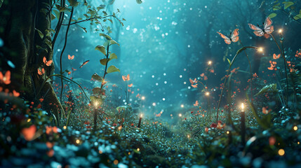 Fototapeta na wymiar Whimsical forest scene with fairies and glowing plants under starlit sky, AI Generated