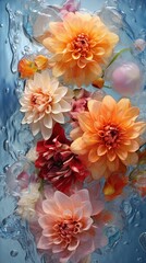 Beautiful frozen bouquet of flowers, background of white flowers in ice