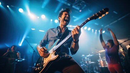 An electric guitarist completely immersed in the music, with an ecstatic expression during a live concert.