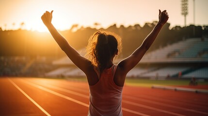 Fototapeta na wymiar Backlit female athlete celebrating success with a victory gesture on the running track at sunset.