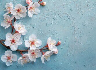 Cherry Blossoms with Water Droplets on Textured Blue Surface