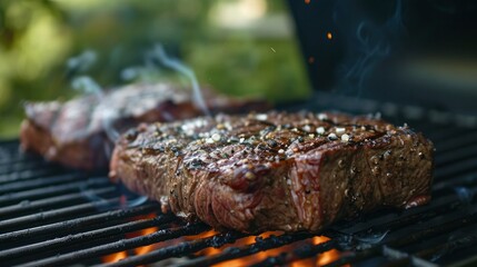 Close up view of a beef on a barbecue grill in the backyard