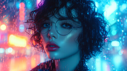 A Portrait of a Woman in a Rainy Cityscape at Night. An artistic portrayal captures a young womans contemplative gaze, her features illuminated by the vibrant neon glow on a rain-soaked evening.