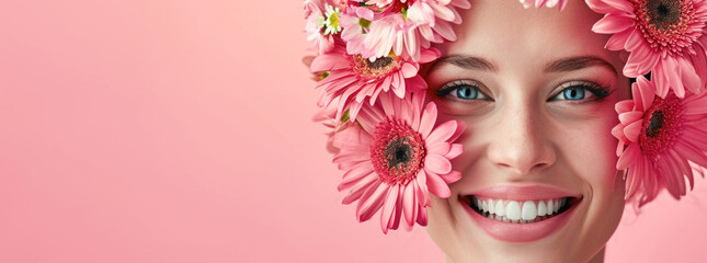 Woman Adorned with a Floral Crown of Pink Gerbera Daisies on a Pink Background