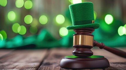 Judge's gavel is wearing St. Patrick's hat. happy st Patrick's day