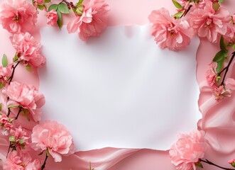 Obraz premium Elegant White Paper Framed with Pink Cherry Blossoms on Pastel Background