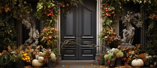 House front door with ivy and chrysanthemums. - obrazy, fototapety, plakaty