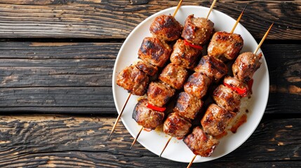 Meat barbecue on  skewers kebab, traditional turkish kebab n white plate on wooden table. - obrazy, fototapety, plakaty