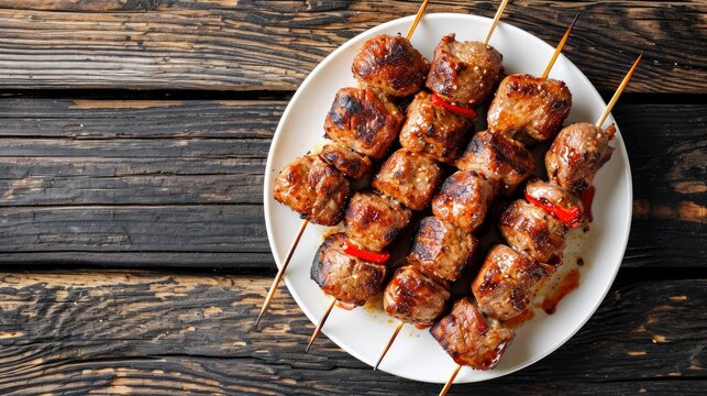 Meat barbecue on  skewers kebab, traditional turkish kebab n white plate on wooden table.