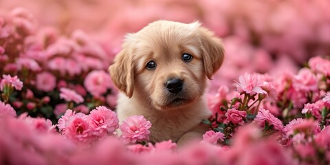 Adorable Puppy Among Pink Flowers Looking at the Camera