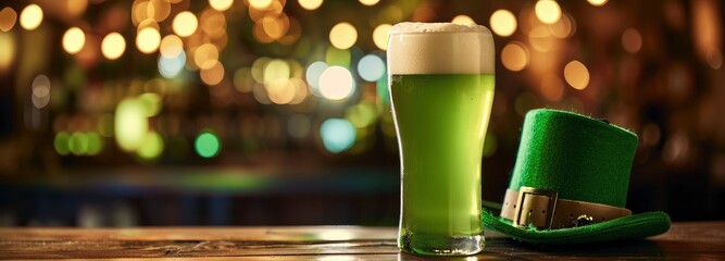 Green color beer on a wooden table Leprachauns hat behind beer, bokeh background - obrazy, fototapety, plakaty