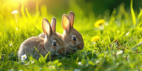 Fototapeta premium Two Wild Rabbits Snuggling Together in a Lush Green Field