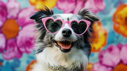 Lovely smiling dog in heart shaped pink sunglasses against a colorful floral background. Valentine’s Day and love concept.