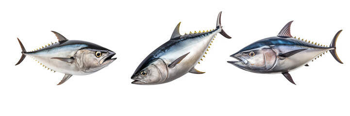 Set of tuna cut out on a transparent background. The underwater world isolated. A design element to be inserted into a project or design - obrazy, fototapety, plakaty