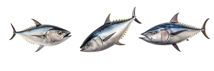 Set of tuna cut out on a transparent background. The underwater world isolated. A design element to be inserted into a project or design