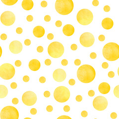 Seamless pattern in yellow peas on a white background, hand-drawn. Abstract watercolor background of yellow circles of different sizes. An element for design, decoration, wrapping paper, fabric.