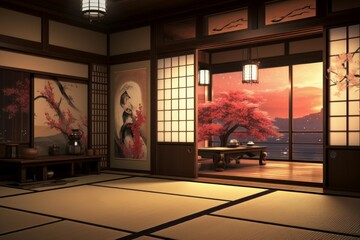 Authentic Traditional Japanese decorated room. Oriental furnished indoor house with traditional elements. Generate ai