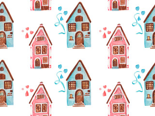 Fototapeta premium Watercolor illustration of town. Watercolor seamless pattern. Cute old city. Colorful houses. DESIGN FOR DECOR, PACKAGE, GIFTS, PRESENTS, PACKAGE, wrapping paper, gifts, greetings, congratulation.