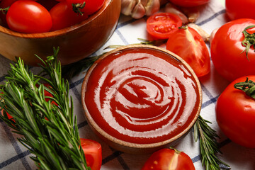 Bowl with tasty ketchup and fresh vegetables on table, closeup