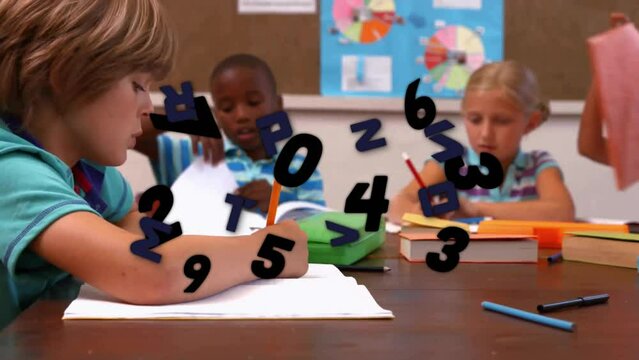Animation of numbers and letters over diverse schoolchildren at school