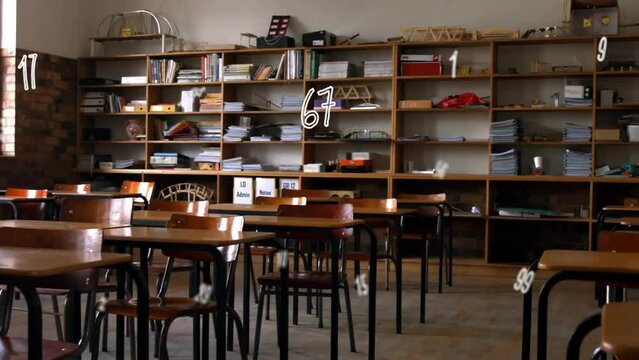 Animation of numbers over empty classrom in school
