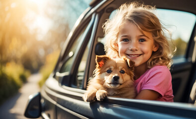 Little happy girl with a dog in a car transportation