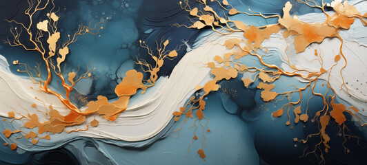 Abstract oil painting in golden blue colors. Digital art - 706665108