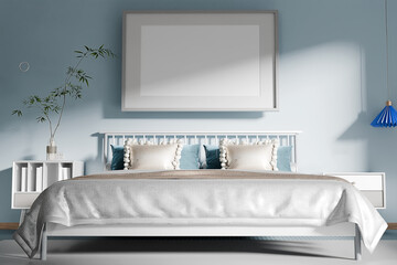 Blue bedroom interior with bed and frame mockup . 3d rendering
