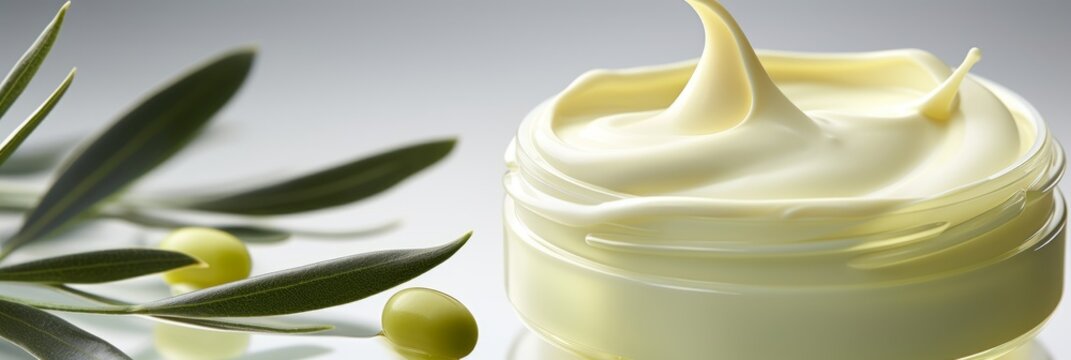 Face Lotion Cream Sample, Olive Cream Sample On A Light Background, Lotion Texture, A Smear Of Moisturizer Closeup, Beauty And Skin Care Concept, Banner