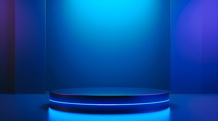 Realistic 3D tech blue cylinder pedestal podium in dark blue with neon light abstract background for product presentation	