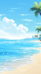 Fototapeta na wymiar Tropical beachfront cityscape. Pristine beach with palm trees overlooking a city skyline.