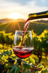 Wine glass with pouring red wine and vineyard landscape in sunny day