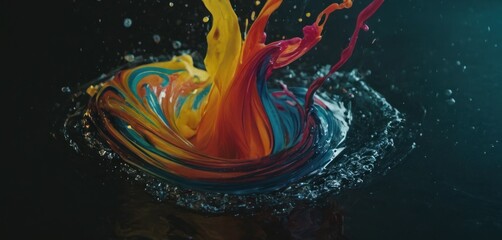  a multicolored liquid splashing into a body of water on a black background with a drop of water on the bottom of the image.