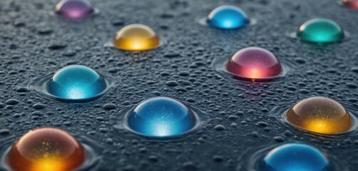  a close up of a bunch of different colored drops of water on a surface with drops of water on the surface.