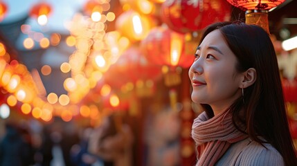 Obraz na płótnie Canvas Happy woman enjoying traditional red lanterns decorated for Chinese new year Chunjie.