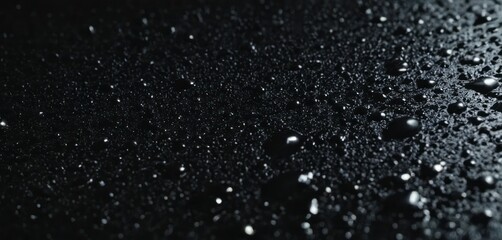  a black and white photo of water droplets on a black surface with a light reflection in the middle of the image.