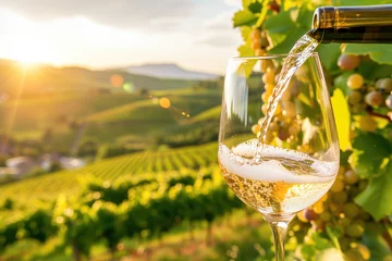 Foto op Aluminium Wine glass with pouring white wine and vineyard landscape in sunny day © thejokercze