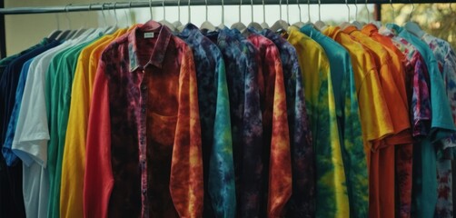  a rack of tie - dyed shirts hanging on a rack in front of a window with a window sill in the background.